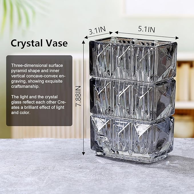 Glass Flower Vase, Clear Crystal Vases for Centerpieces, Heavy Handmade Modern Vases for Decor Home Bedroom Kitchen Office Living Room, 7.88 Inch (Clear Gray)