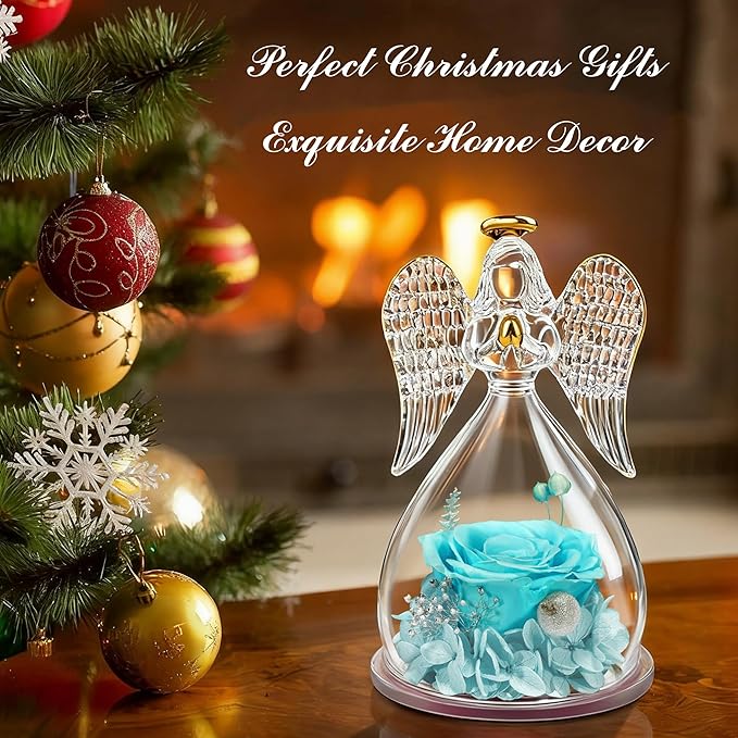 Sunia Preserved Flower Rose Gift for Women - Mother's Day Birthday Gifts for Mom Wife Grandma, Glass Angel Figurines Forever Real Roses Gifts for Her Valentine Day Thanksgiving﻿ (Aquamarine)