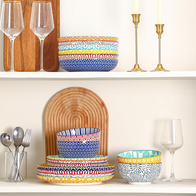 Selamica Ceramic Plates and Bowls Sets,24 Pieces Dinnerware Sets for 6,Scratch Resistant Dish Set for holiday gathering,Dishwasher & Microwave Safe, Assorted Colors