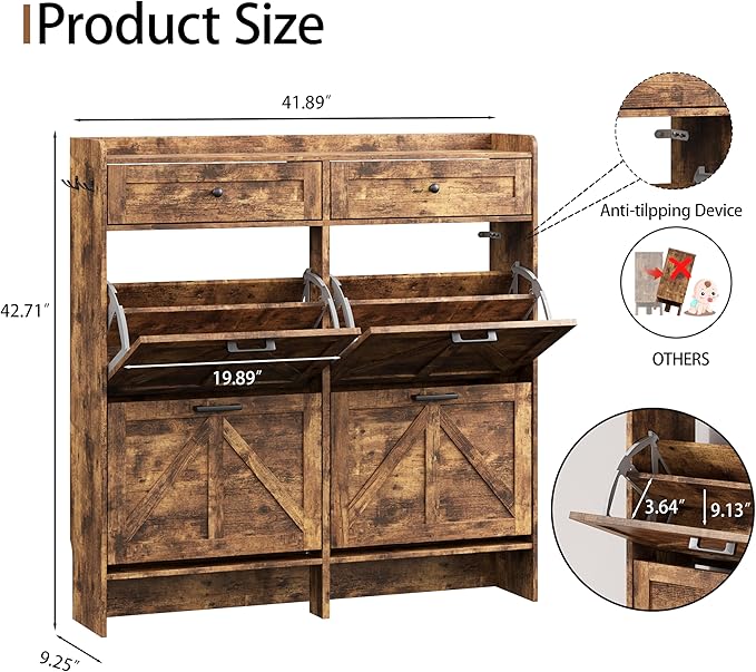 Shoe Cabinet with 4 Flip Drawers & 2 Top Drawers, 43" Tall Freestanding Narrow Wooden Shoe Storage Organizer for Entryway, Hidden Slim Shoe Rack for Front Door Entrance, Hallway, Living Room, Brown