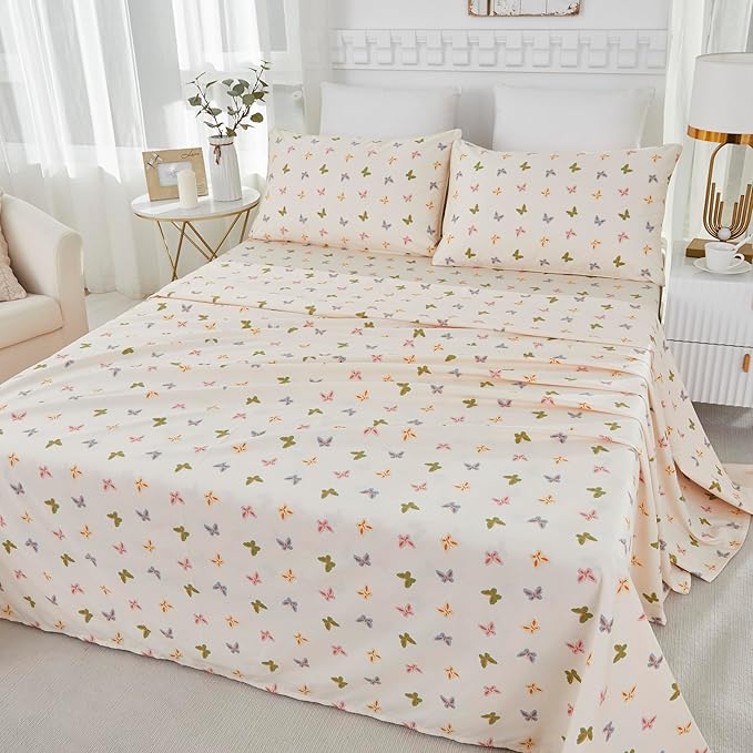 Brandream Bed Sheets for Queen Size Bed, 4 Pieces 100% Egyptian Cotton Farmhouse Sheet Set Butterfly Print Bed Deep Pockets (Cream Ivory)