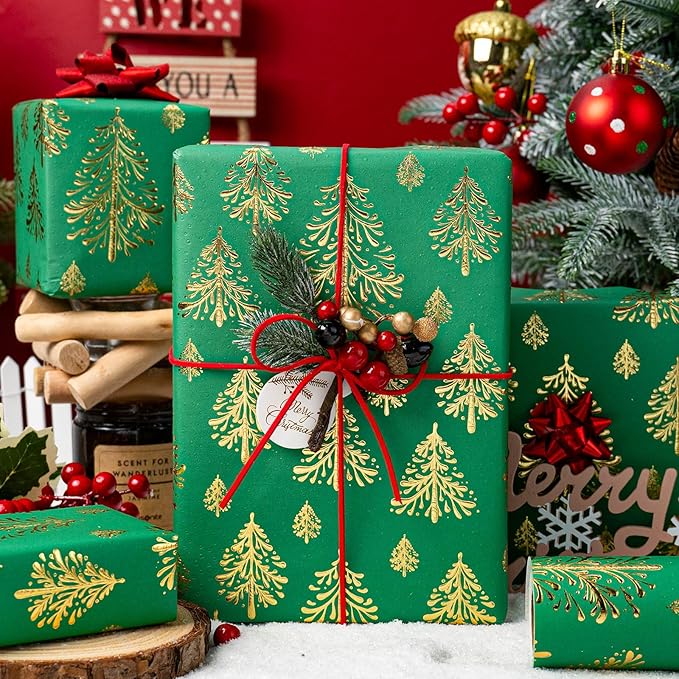 Flyhill Kraft Christmas Wrapping Paper, Green 3D Embossed Gold Foil Christmas Pine Tree with Woodlands Wrap Paper for Holiday, Party,Celebration, New Year (17 Inch X 32.8 Feet)