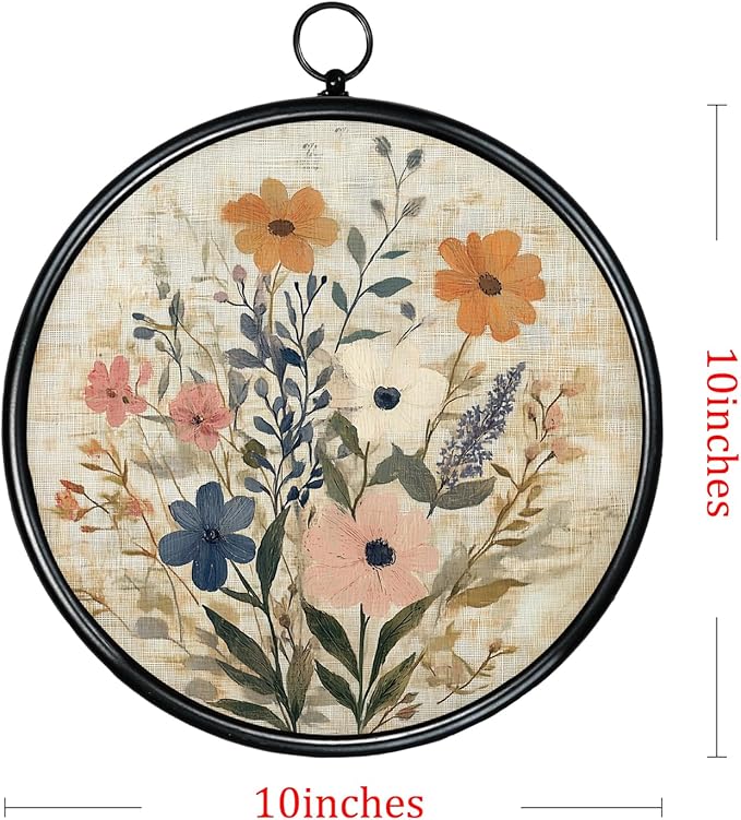 XIAOAIKA Round Vintage Wall Hanging Decor, Printed Textured Surface with Wood Back, Wildflower Design, Black Metal Frame, Ready to Hang for Living Room Bedroom, 10 Inch