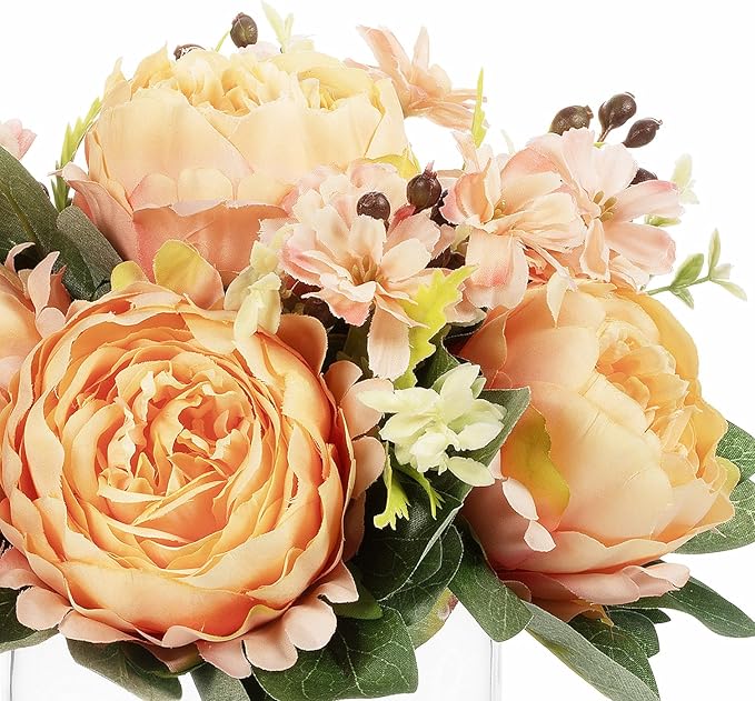 ENOVA FLORAL Artificial Flower Arrangement with Vase,Mixed Artificial Fake Silk Peony Flower in Vase for Decoration Home Office, Wedding Centerpiece (Orange01)