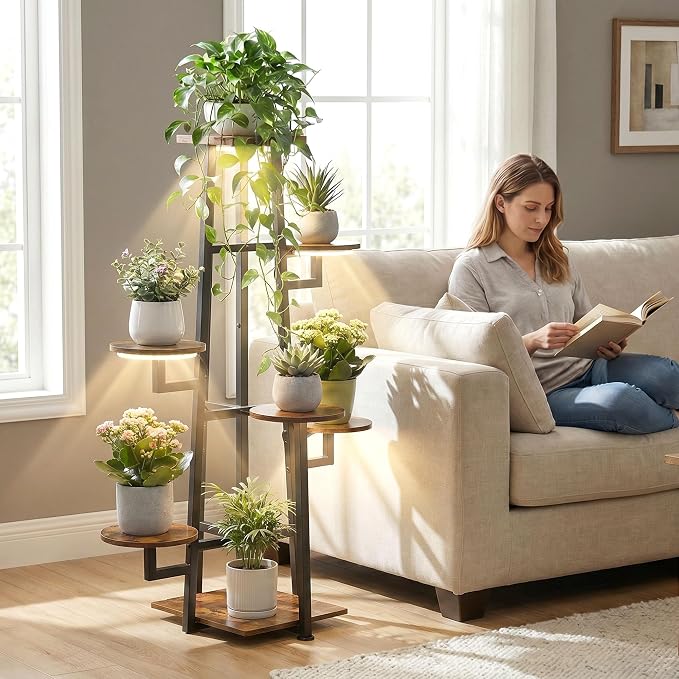 7 Tier Plant Stand Indoor with Grow Light for Multiple Plants | Corner Flower Stand, Vintage Multi-Layer Design, Sturdy Plant Shelf, Space-Saving, Ideal for Living Room Indoor Display