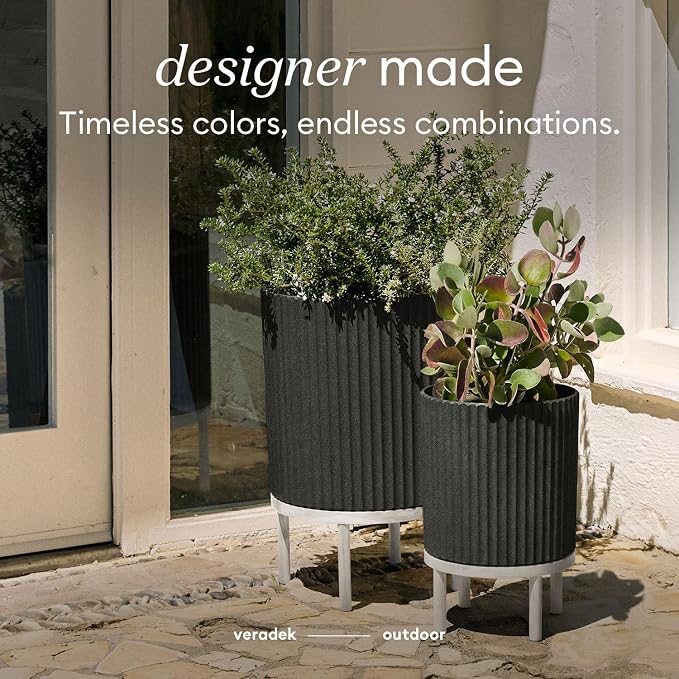 Veradek Demi Series Round Planter w/Stand for Porch/Patio | Durable Plastic-Stone Composite & Wooden Stand | Modern Décor for Tall Plants, Flowers