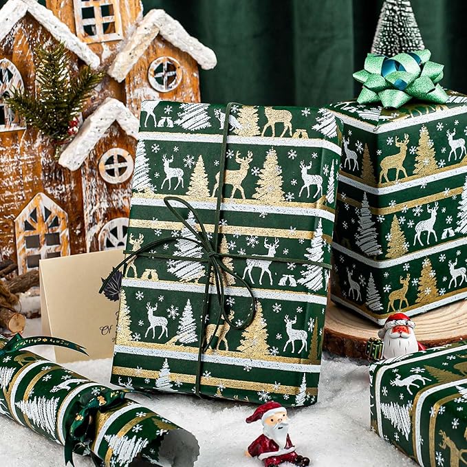 Yarcony Kraft Christmas Wrapping Paper, Green Wrapping Paper, Luxury Faux Sparkle Christmas Trees Reindeer Snowflake Heavy Duty Kraft Gift Wrap for Holidays, Winter Solstice (17 Inch X 33 Feet)