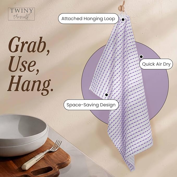 TWINY threads Waffle Weave Kitchen Towels Set of 4, Premium 100% Cotton, 16x26 Inches Dishcloths Pack, Ultra Absorbent & Quick Dry Wash Rags for Home Kitchens, Lavender, White