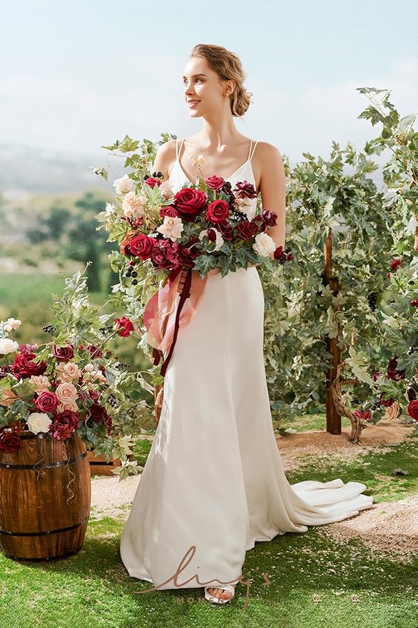 Ling's moment Fake Flowers Box, Faux Greenery Stems Silk Rose Artificial Ranunculus Foam Gardenia for Wedding Bouquets Centerpieces Table Decorations Floral Arrangement, Bordeaux Red, Deluxe Combo
