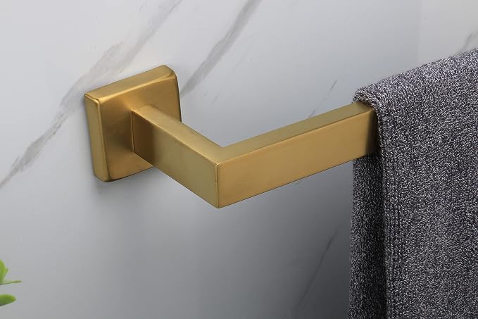 TocTen Bath Towel Rack - Square Base Thicken SUS304 Stainless Steel Towel Bar for Bathroom, Bathroom Accessories Towel Rod Heavy Duty Wall Mounted Towel Holder. (Brushed Gold, 12)