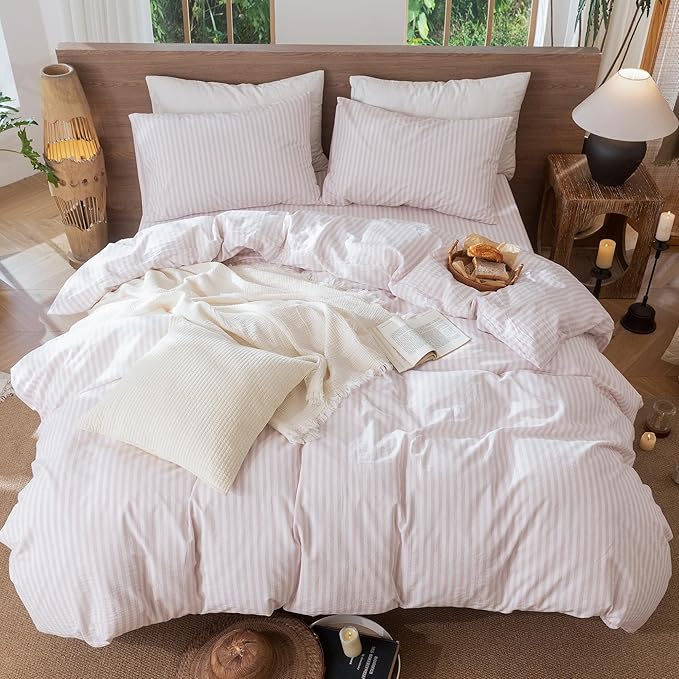 MooMee Striped Duvet Cover Set 100% Washed Cotton Linen Like Textured Breathable Durable Soft Comfy (Heathered Greyish Pink Classic Stripes, Cal King 104"x98")