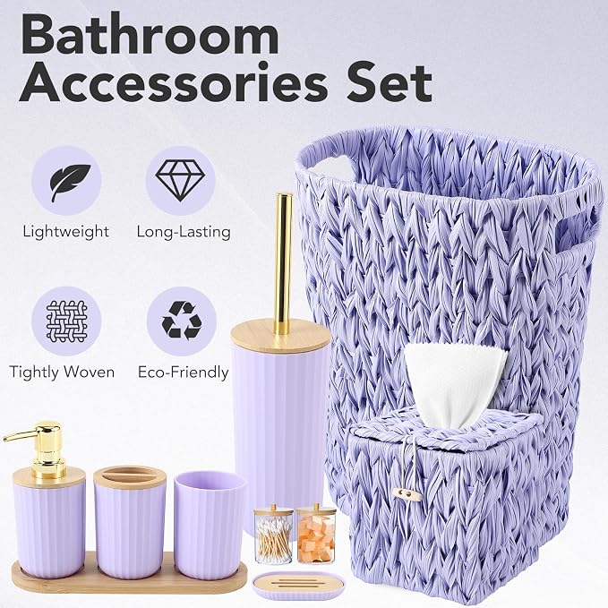 Bathroom Accessory Set, 10 Pieces Bath Set- Wicker Trash Can Tissue Box Soap Dish Toothbrush Holder Rinse Cup Lotion Bottle Toilet Brush Qtip Holder - Practical Bathroom Decor Sets (Purple, Bath Set)