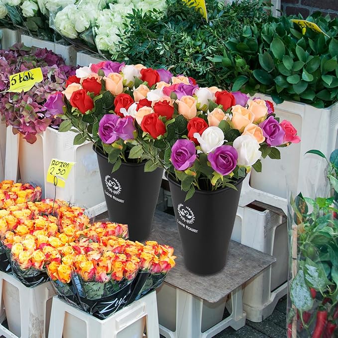 12 Inch Floral Plastic Bucket with Cut Out Handle, 4-Pack Tall Plastic Flower Buckets, Black