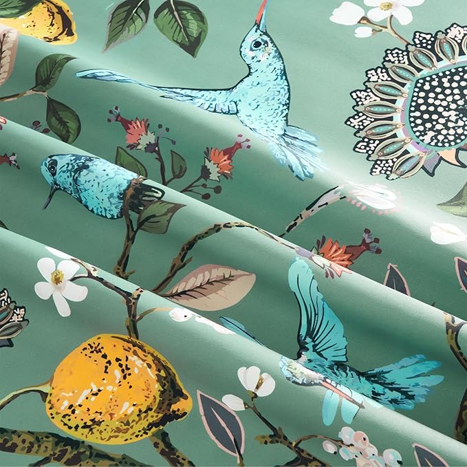 Sage Green Printed Pattern Curtains 96 Inches Long for Living Room,Farmhouse Floral Vintage Art Deco Drapes,Pinch Pleated Blackout Hummingbird Lemon Patterned Window Treatment for Bedroom 2 Panels