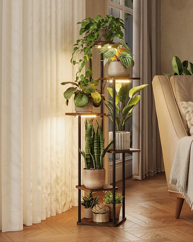 GENTINGBRO Corner Plant Stand Indoor 6 tiered plant shelf for Multiple Plants tall plant holder plant table metal shelving for Living Room Bedroom Balcony Patio Brown Oak with Light
