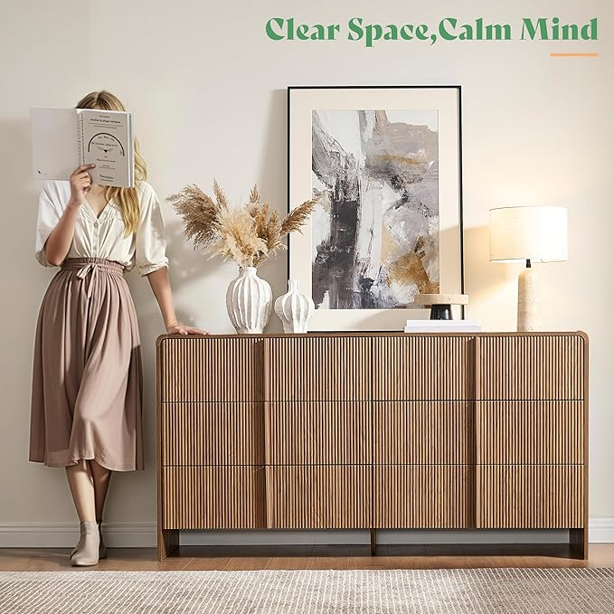 AMERLIFE 63" Fluted 6 Drawer Dresser, Wide Modern Chest of Storage Drawers with Pine Handles, Rounded Corners & Anti-Tip, Wood Drawer Organizer for Cloth, Bedroom, Living Room, Hallway, Dark Walnut