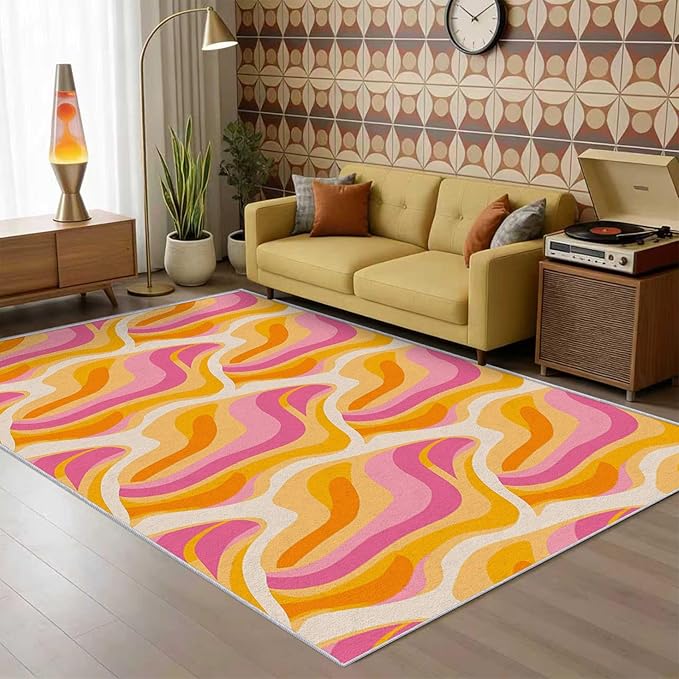 70s Retro Rug 5x7 Colorful Zebra Striped Groovy Pattern Area Rugs for Living Room, Bedroom, 70s Retro Home Decor Accessories Indoor Carpet, Non Slip & Machine Washable, GD0346
