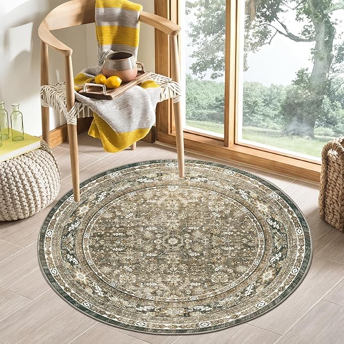 OPPODREAM Vintage Brown Round Rug 4ft, 4 ft Retro Washable Circle Rug Non Slip, Low-Pile Faux Wool Circular Carpet, Distressed Floor Mat for Living Room, Bedroom, Office, Dorm, Dinning Room