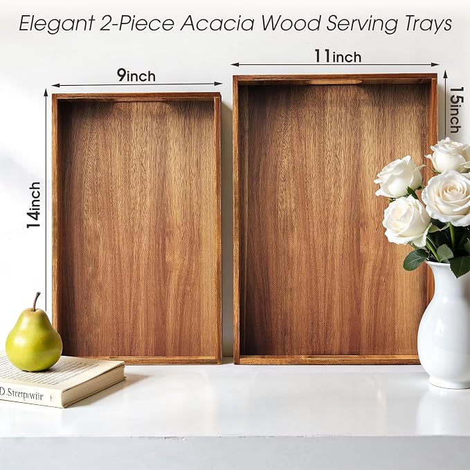 Acacia Serving Trays - 2 Pack, Acacia Wood Serving Platterss, Wood Serving Tray, Decorative Trays for Breakfast, Brunch, Dinner, Coffee Table, Party, Kitchen-M