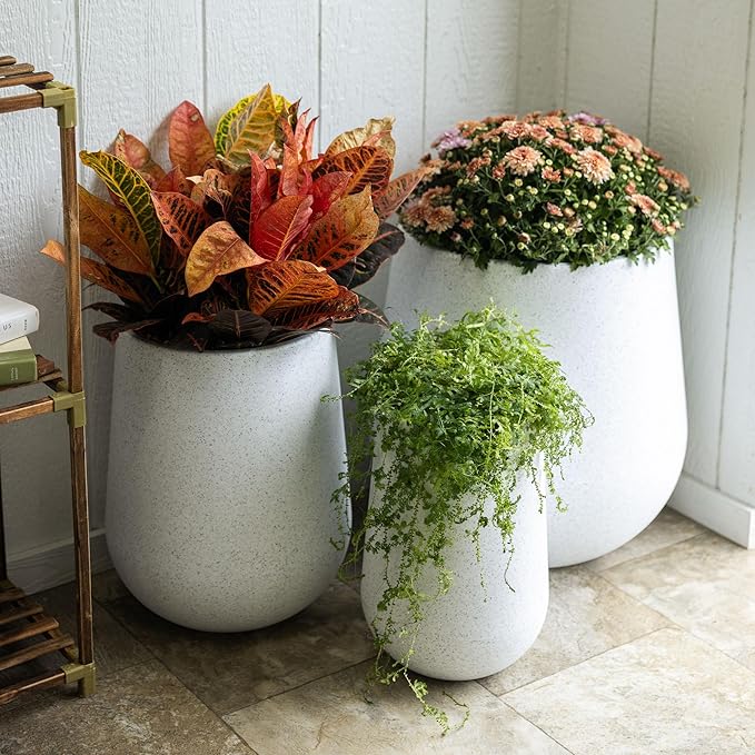 Beuta Large Planters for Outdoor Plants - Set of 3, 15.5/18/20.5 Inches Outdoor Planters for Porch - Tall Planter for Outdoor & Indoor Plants | Large Indoor Plant Pot - USA Made - Limewash