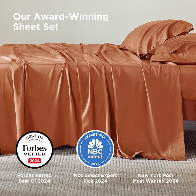 Bedsure California King Sheet Sets, Cooling Sheets, Rayon Derived from Bamboo, Breathable & Soft, Deep Pocket Up to 16 Inches, Hotel Luxury Silky Bedding for Hot Sleepers, Burnt Orange