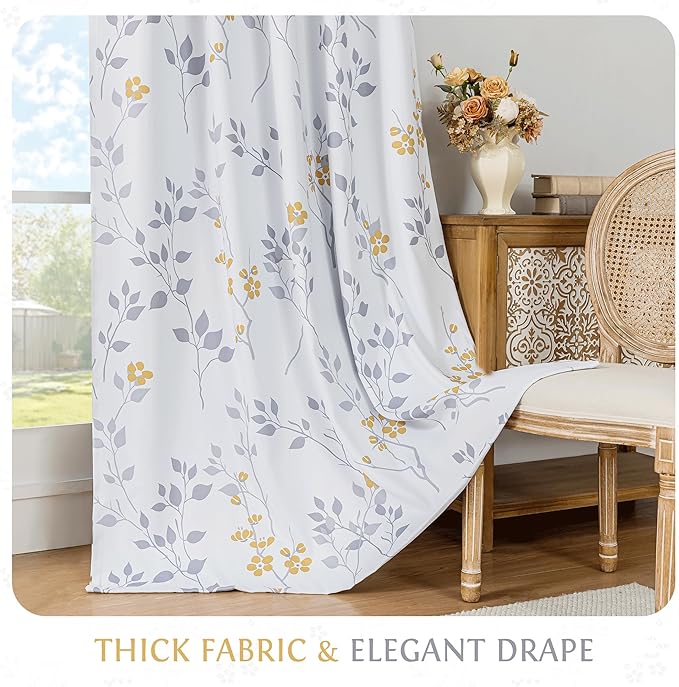 Beauoop Floral 100% Blackout Curtains 96 Inches Long 2 Panels for Bedroom Living Room Yellow Grey and White Flower Patterned Room Darkening Thermal Soundproof Rod Pocket Back Tab Window Drapes, 52X96