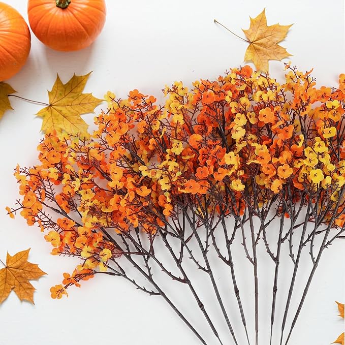 8Pcs Babys Breath Artificial Fake Fall Flowers, Real Touch Orange Yellow Plants Silk Flowers for Vase Home Office Wedding Indoor Outdoor Centerpiece Table Party Autumn Christmas Decorations