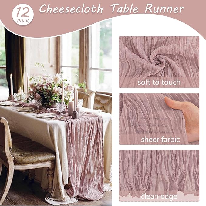 12 Pack Cheesecloth Table Runner 35x72 Inch Boho Gauze Rustic Cheese Cloth Long Romantic Table Runner for Wedding Bridal Shower Birthday Party Table Decor (Dusty Pink)
