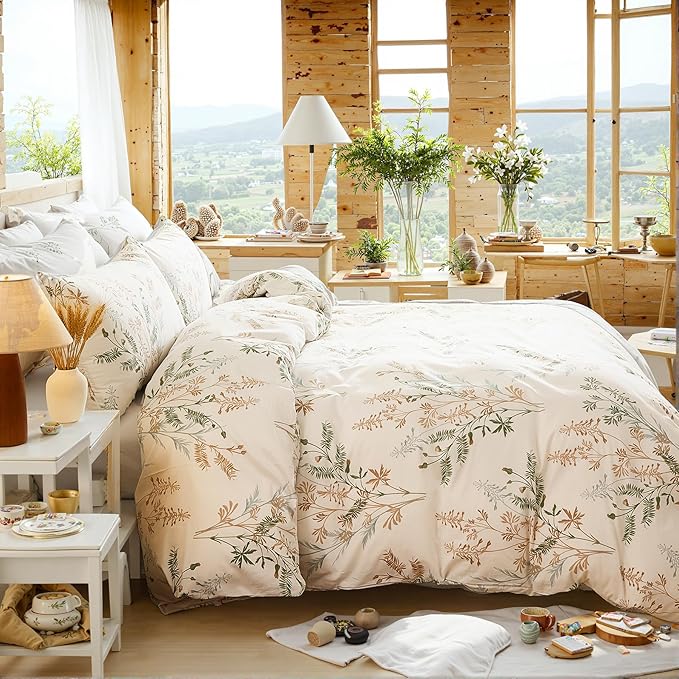 100% Cotton Duvet Cover Queen Size Ultra Soft Green Floral Comforter Cover with Luxurious Tan & Green Leaves on White, Reversible Lightweight Floral Duvet Cover Sets