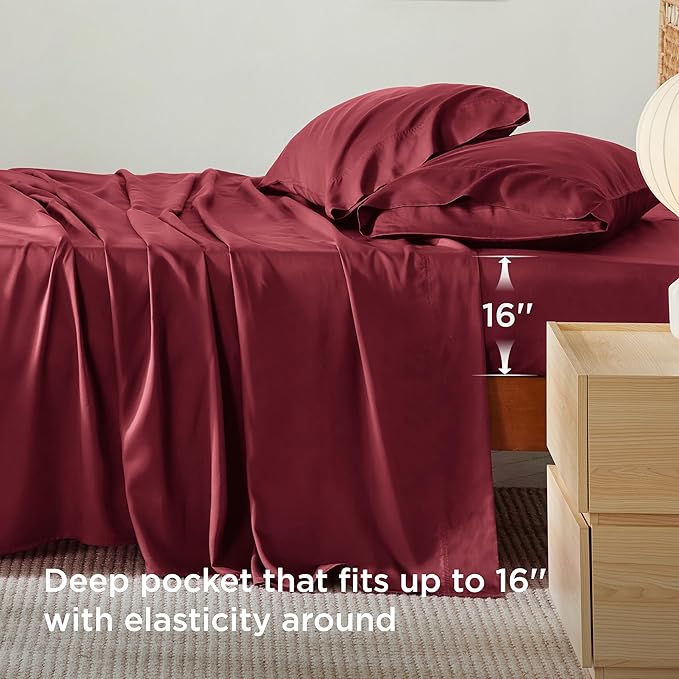 Bedsure Queen Sheet Set, Rayon Derived from Bamboo, Cooling Sheets, Breathable & Soft, Deep Pocket Up to 16 Inches, Hotel Luxury Silky Bedding for Hot Sleepers, Burgundy