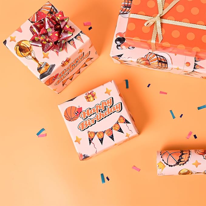 Altarho Reversible Basketball Wrapping Paper Roll for Kids Boys - Sports Basketball Birthday Cake Gift Wrap Sheets for Baby Shower Party Decoration Total 28.5sq.ft