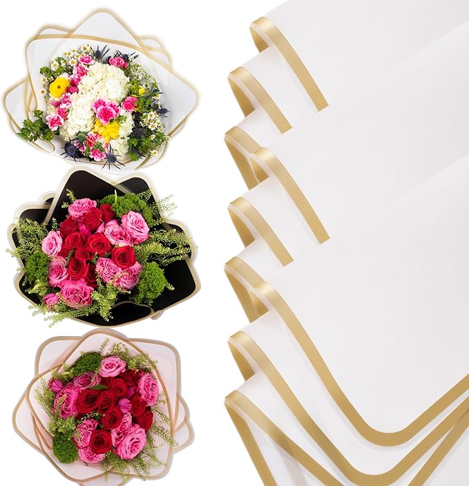 the florist Supply 20 Sheets Premium Flower Wrapping Paper | Waterproof Flower Wrapping Paper for Bouquets | Double Sided Floral Bouquet Sheets | DIY Gifts Rocio White/Gold