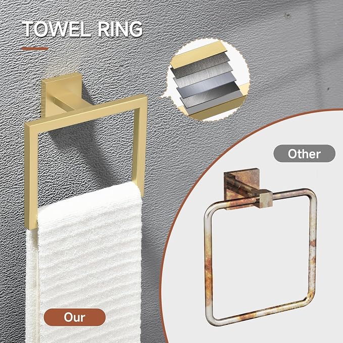 TQKAG 5-Piece Bathroom Accessories Set Brushed Gold Bathroom Hardware Set SUS304 Stainless Steel Classic Wall Mounted Towel Bar Sets 23.6" Towel Rack for Bathroom, Brushed Gold
