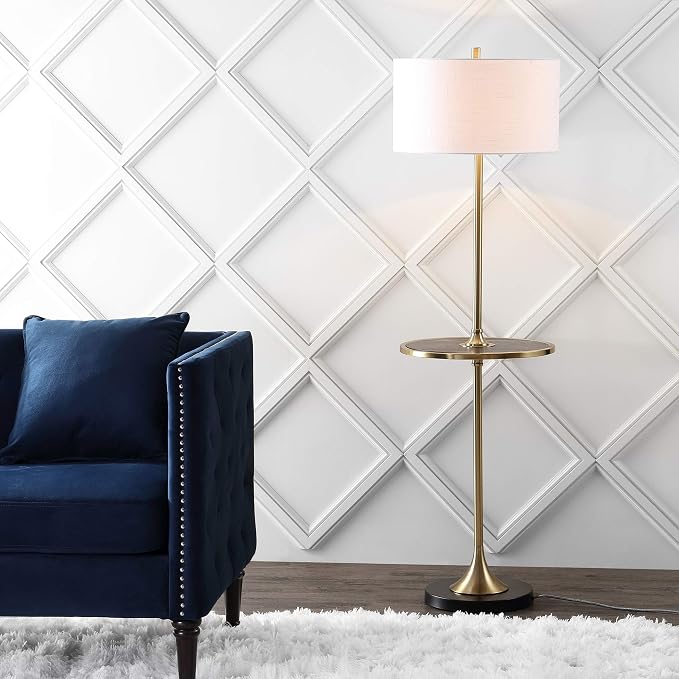 JONATHAN Y 59" Black/Brass Gold Floor Lamp with Integrated Wood Side Table, Contemporary Metal Standing Lamp for Living Room, White Linen Shade, LED Bulb Included, UL Listed JYL3056A