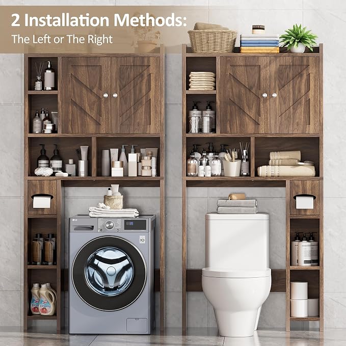 Over the Toilet Storage Cabinet, Freestanding Storage Cabinet Over Toilet, Bathroom Storages Organizer Cabinets with Toilet Paper Holder Stand and Adjustable Shelf, Walnut
