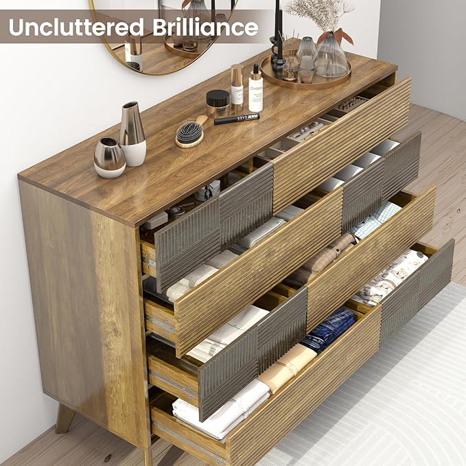 Hadulcet Wood Dressers for Bedroom 34” Tall, Large 8 Drawer Dresser TV Stand, Modern Chest of Drawers Closet Clothes Storage Organizer with Fluted Panel, No Handles Design, Dark Wood