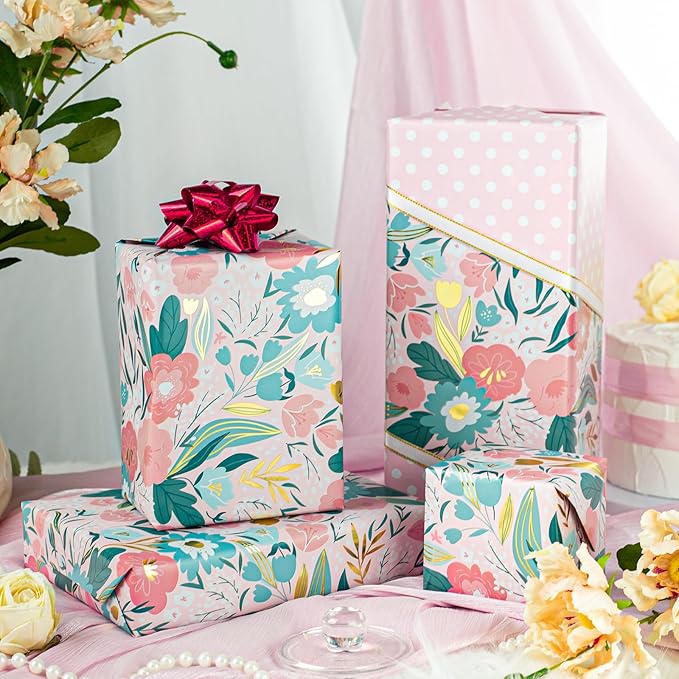 Burymento Pink Flower Wrapping Paper, Reversible Pink Dot Design Gift Wrap for Baby Shower, Birthday, Valentines, Mothers day, Graduation, Wedding, Fathers day, Christmas (17 Inch X 32.8 Feet)
