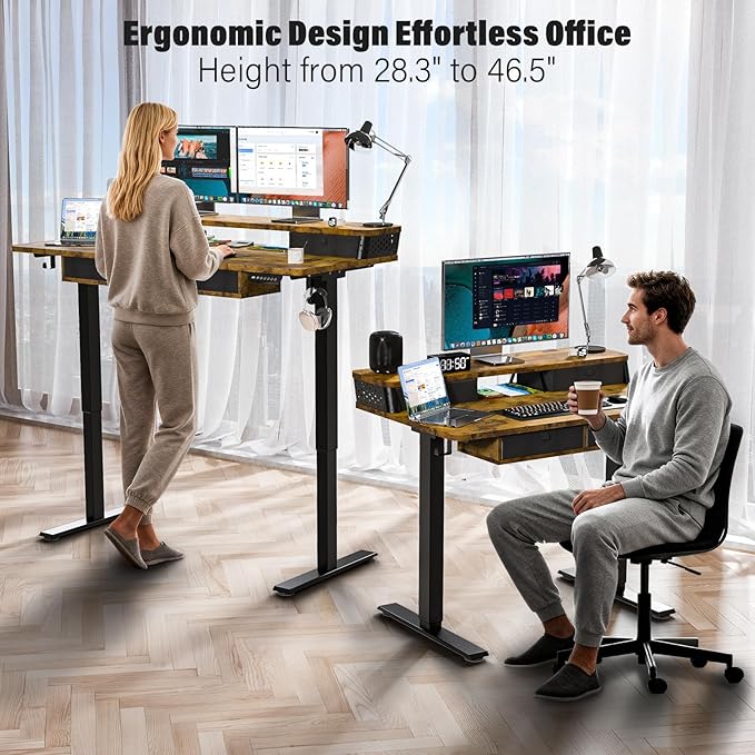 Electric Standing Desk with 4 Drawers 48''x 24'' Adjustable Height Sit to Stand Up Desk with Storage Shelf, C-Clamp Mount Compatible Black Home Office Desks Computer Gaming Table Ergonomic Workstation