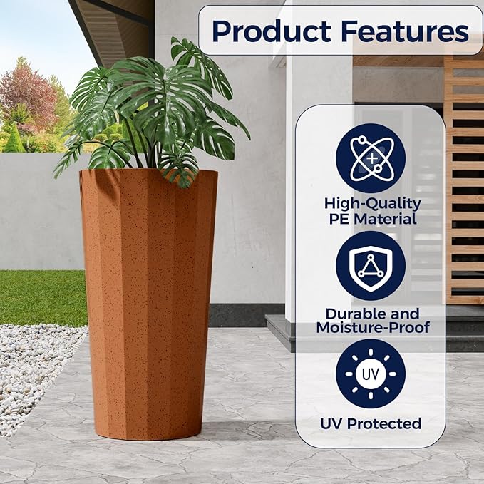 23.6" Tall Outdoor Planters Set of 2, Large Planters for Outdoor Plants for Porch Decor with Drainage Hole, Wide Stripe Design Porch Flower Pots for Indoor Pot Patio/Garden, Terracotta