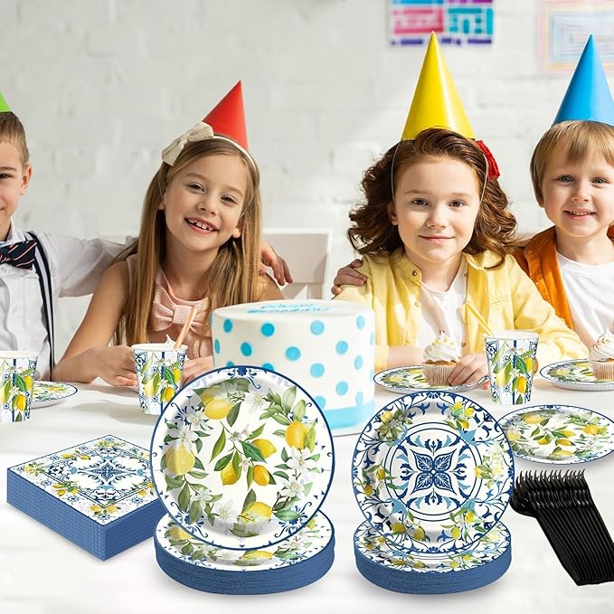 Amalfi Coast Plates and Napkins for Birthday Decorations Kit, Capri Lemon Tableware Supplies for Lemon Theme Summer Decor, Service 24 Guests