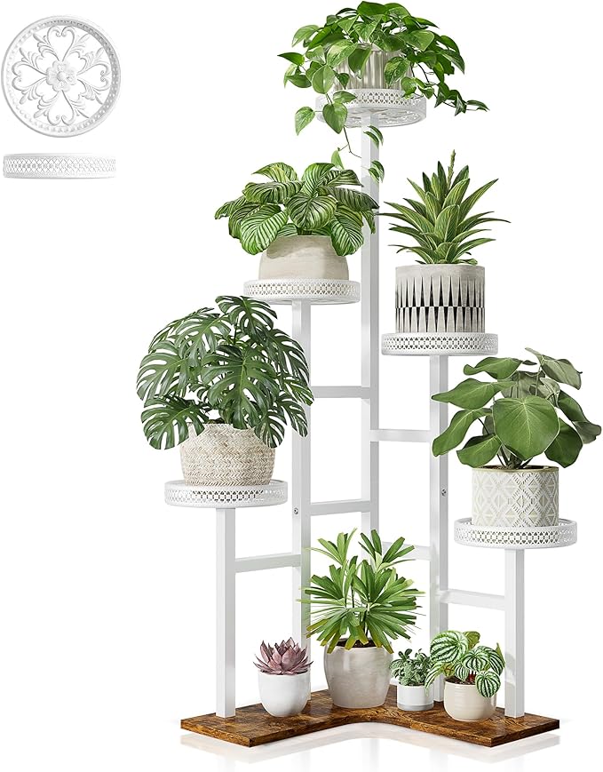 Tiered Plant Stand Outdoor,5 Potted Corner Plant Stands Tall Indoor, Metal Planter Display Rack for Multiple Plants, Wood Tall Plant Rack Shelf for House Patio LivingRoom - WhiteWave
