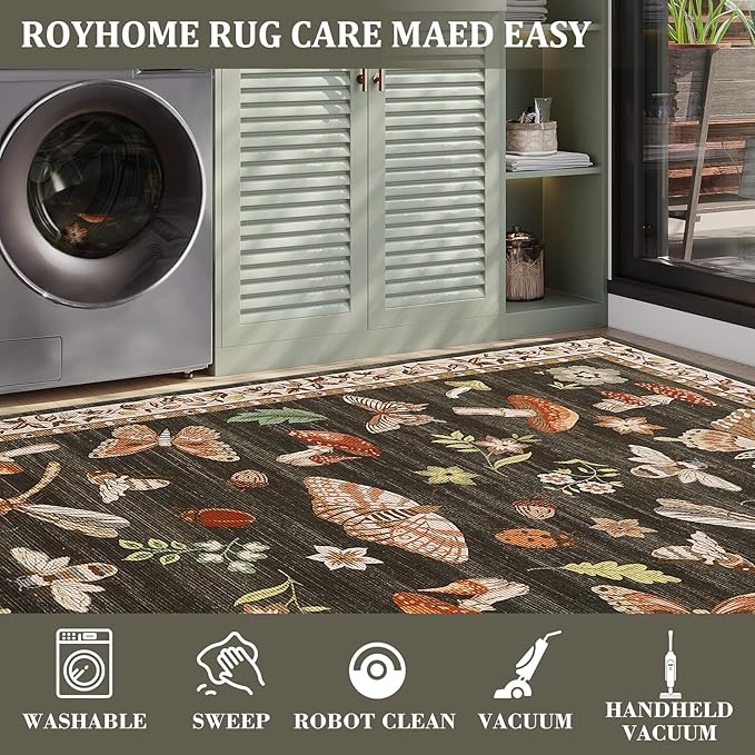 Washable 2x6 Vintage Runners for Hallway Entryway Retro Distressed Kitchen Carpet Runner Low Pile Soft Bedside Boho Carpet Non Slip Bath Rug Mushroom Floral Accent Carpets, Brown