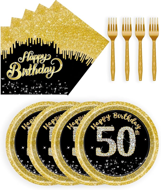 72 Pcs 50th Birthday Paper Plates and Napkins Party Supplies, Back Gold 50th Birthday Party Plates and Napkins Tableware Set for Men Women Cheers to 50 Years Decorations Serves 24