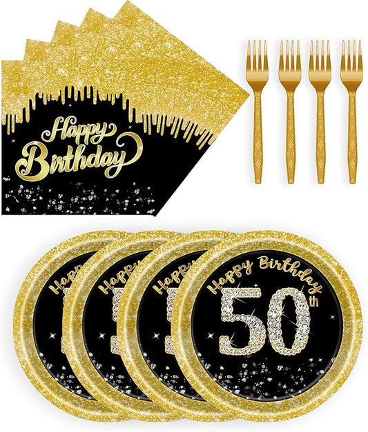 72 Pcs 50th Birthday Paper Plates and Napkins Party Supplies, Back Gold 50th Birthday Party Plates and Napkins Tableware Set for Men Women Cheers to 50 Years Decorations Serves 24