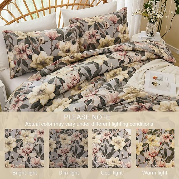 Bedding_Dreamer Floral Comforter Set King, 100% Cotton, Elegant Flowers Botanical Bedding Set Colorful Watercolor Cute Flower and Leaves Shabby Chic Cottage, 3 Pcs