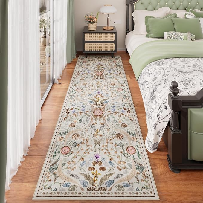 AMTOVO 2.7x8 Runner Rug for Hallway, Washable Non-Slip Long Kitchen Carpet, Floral Vintage Distressed Floor Mat for Hallways Entryway Living Room Laundry Room Bathroom Farmhouse, Beige