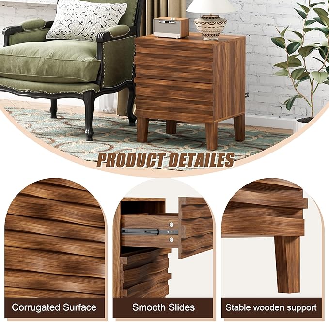 UEV Solid Wood Nightstand Set of 2, 19.7" W Boho Nightstand with 2 Drawers, Fluted Wood Night Stand, Mid Century Modern Bed Side Table for Bedroom,Living Room, Natural Wood