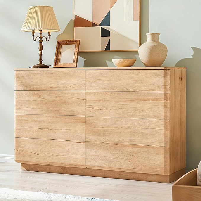 JXQTLINGMU 8 Drawer Dresser for Bedroom, Modern Push-to-Open Chest of Drawers, Large Wood Storage w/Curved Profile & Handleless Design, 52" Wide Dresser TV Stand for Bedroom, Living Room, Natural Oak