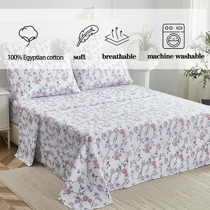 FADFAY Sheets Set Queen Rustic Bird Floral Bed Sheets Set Vintage Botanical Bedding Shabby Branches Leaves Bedding Collections 100% Egyptian Cotton Breathable Soft 17.7" Deep Pocket 4Pcs, Queen Size