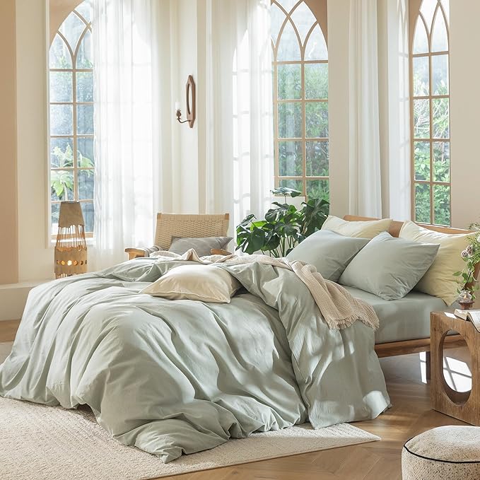 MooMee Bedding Duvet Cover Set 100% Washed Cotton Linen Like Textured Breathable Durable Soft Comfy (Heathered Sage Green, Super King Plus 120"x120")